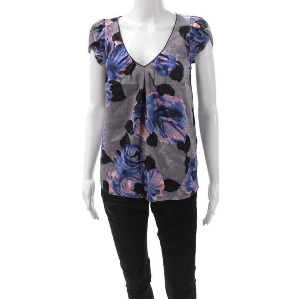 Rebecca Taylor Womens Tunic Blouse Gray V Neck Floral Sleeveless Button Size 0